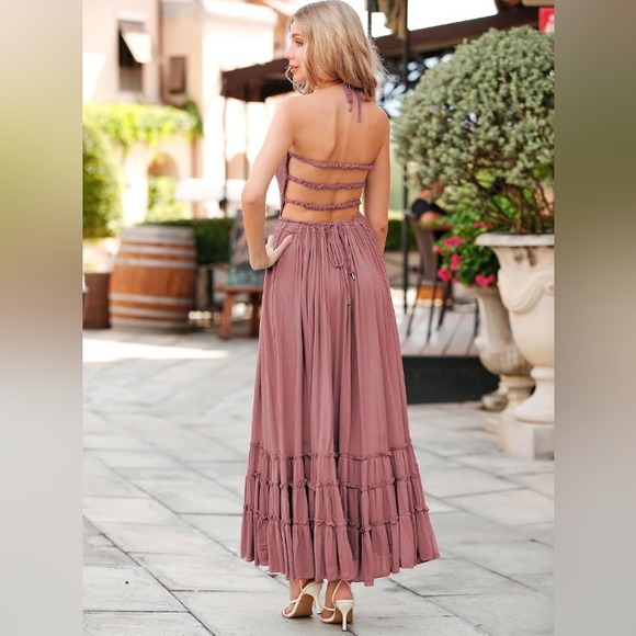 Peacock Blue Maxi Halter Gauze Dress Tiered Long Flowy Bohemian Beach Vacation - Picture 12 of 14